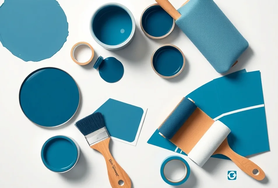 Pots de peinture, nuancier, brosses et rouleaux disposés à plat