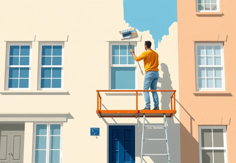 Peintre sur échafaudage traitant la façade d'une maison