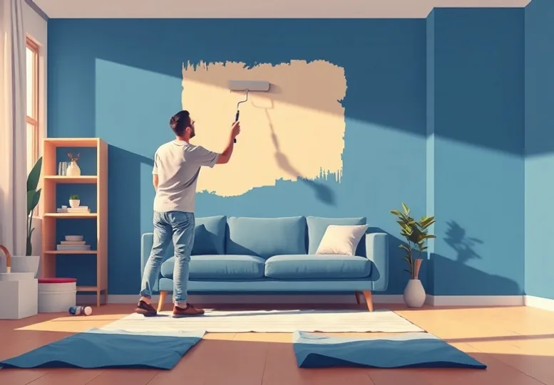 Peintre appliquant la peinture au rouleau sur un mur de salon